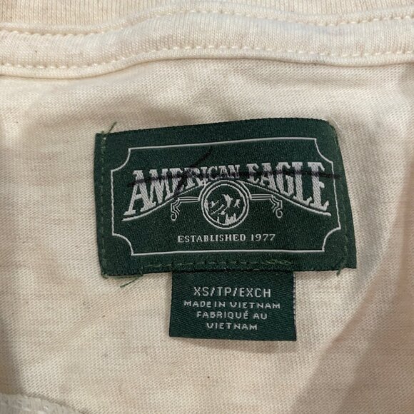 NWOT American Eagle Sz XS Felted Logo Graphic Tee Long Sleeve Cream Oatmeal - Picture 2 of 8